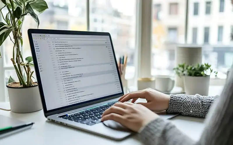 Frau arbeitet an Laptop